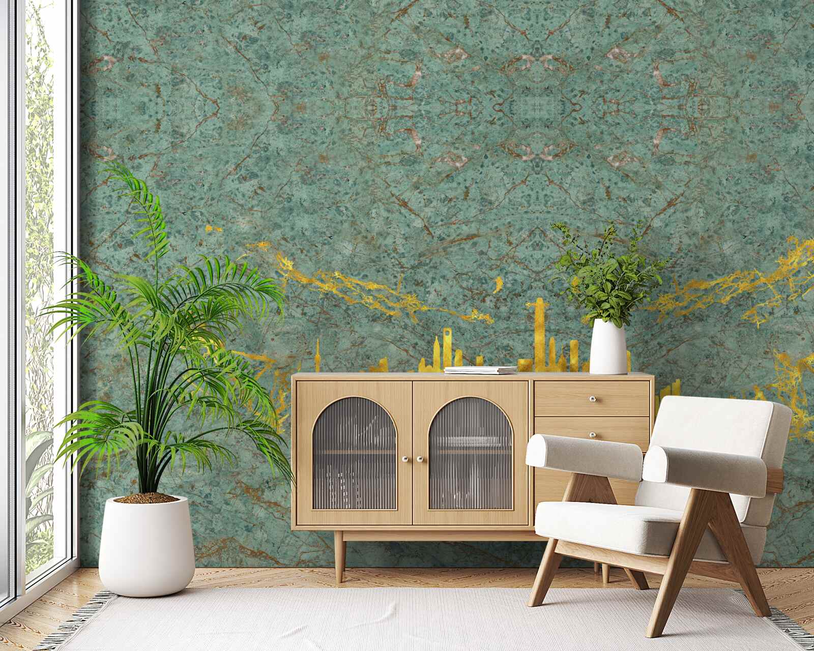 Fotobehang groen marmer bedekt met gouddraad