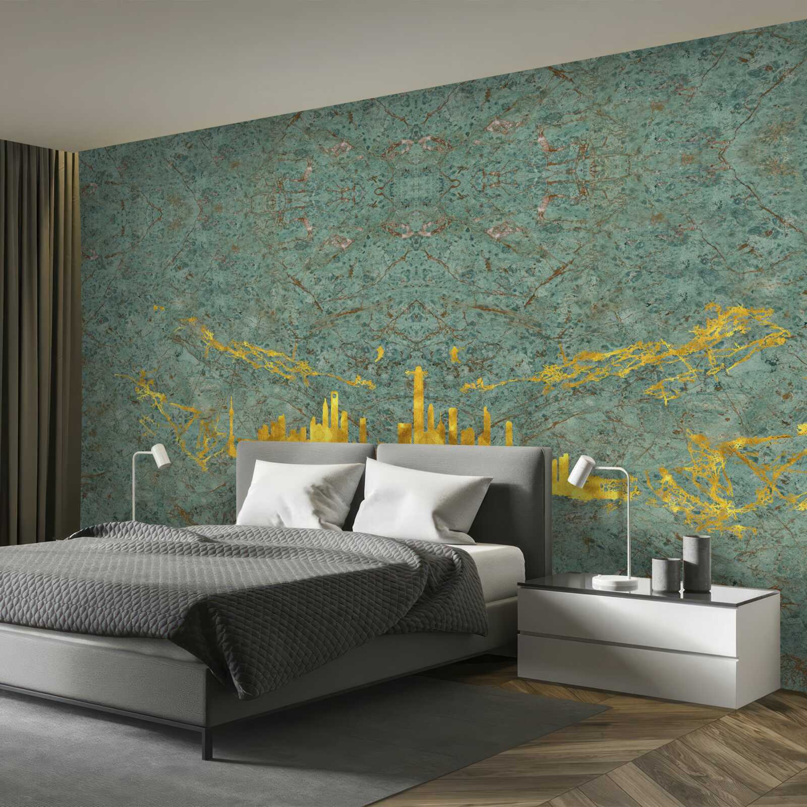 Fotobehang groen marmer bedekt met gouddraad