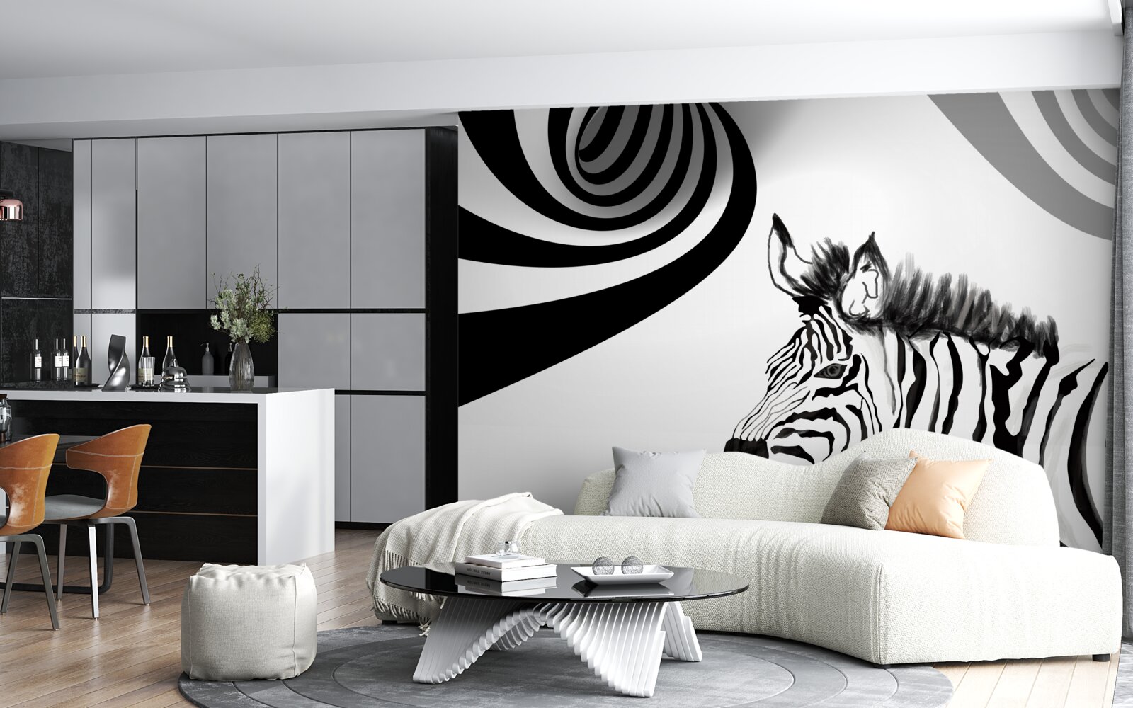 Fotobehang zwart-witte zebra in wachtende staat