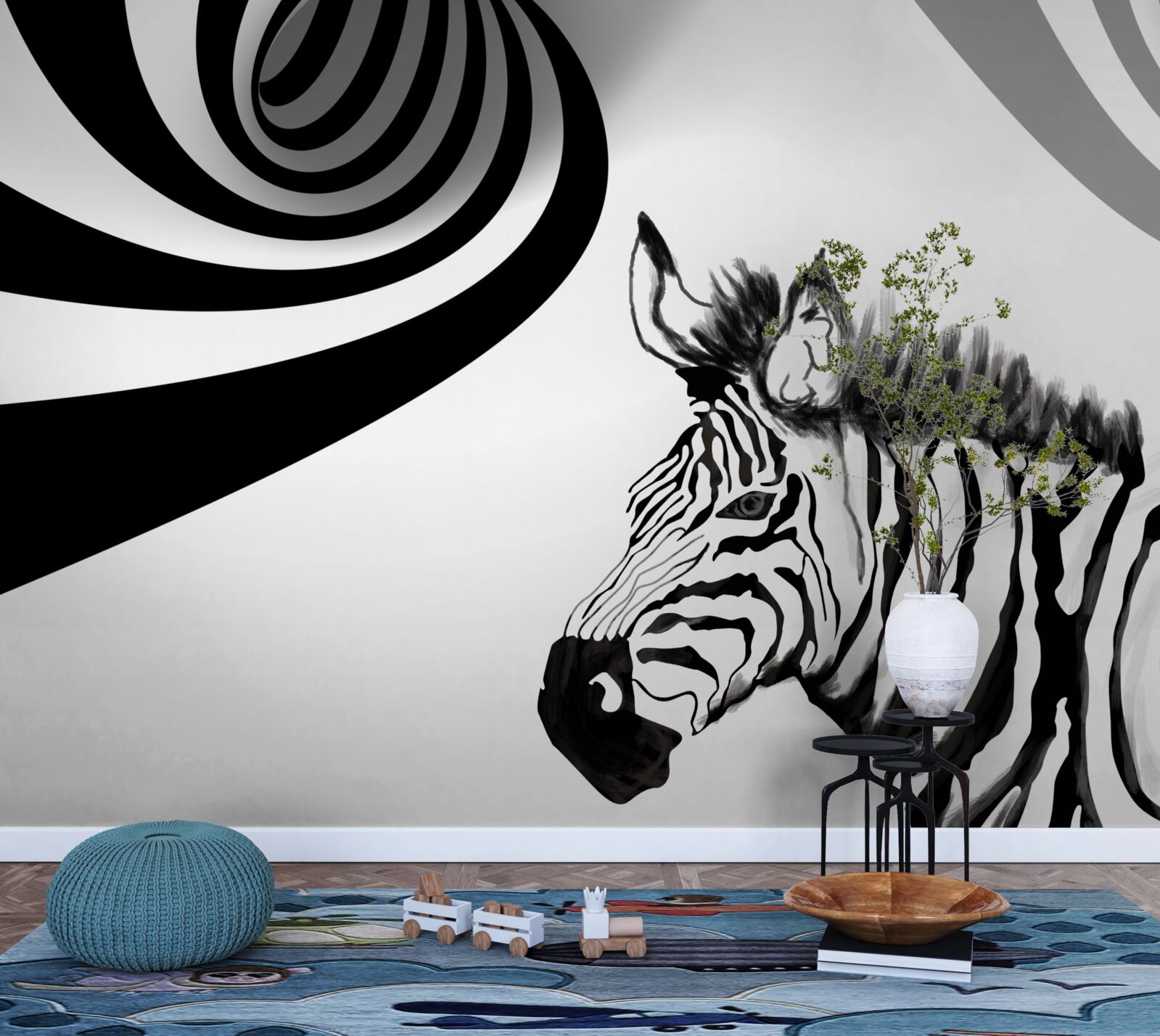 Fotobehang zwart-witte zebra in wachtende staat