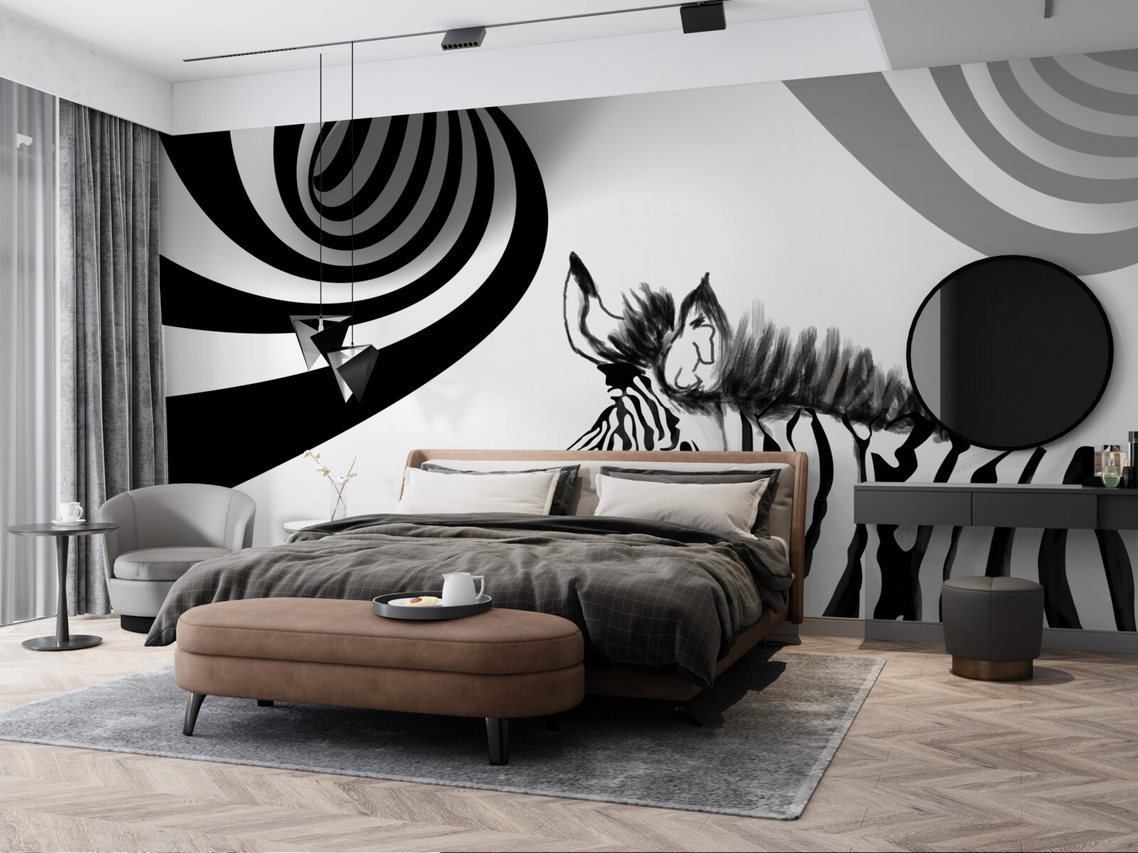 Fotobehang zwart-witte zebra in wachtende staat