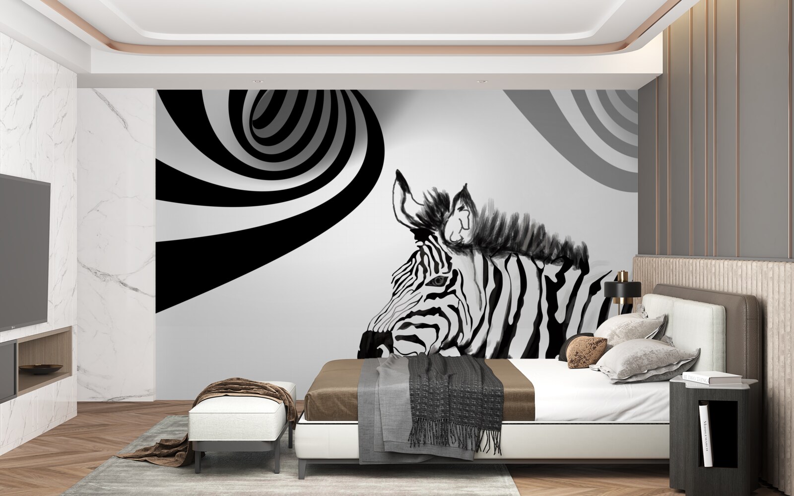 Fotobehang zwart-witte zebra in wachtende staat