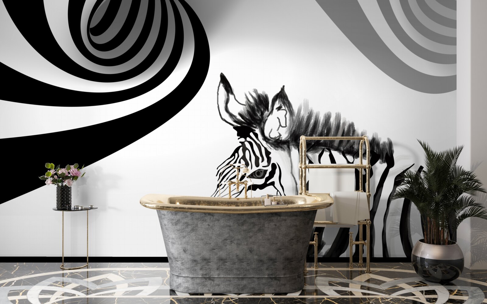 Fotobehang zwart-witte zebra in wachtende staat