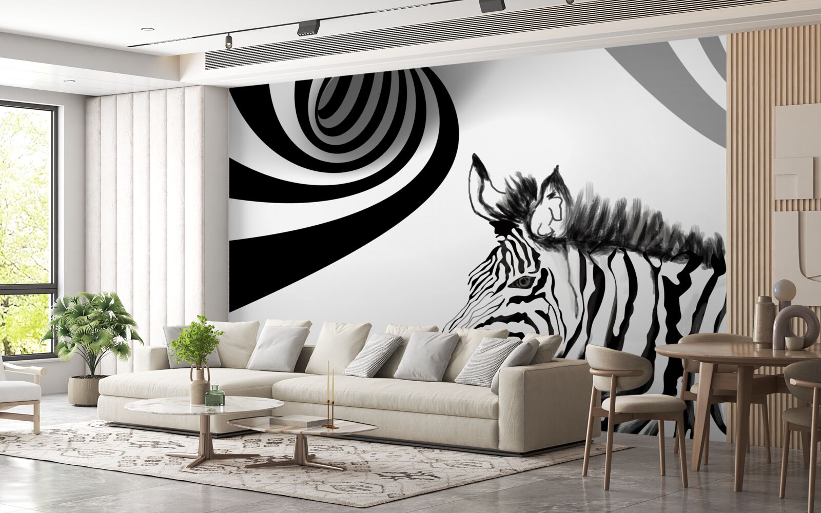 Fotobehang zwart-witte zebra in wachtende staat