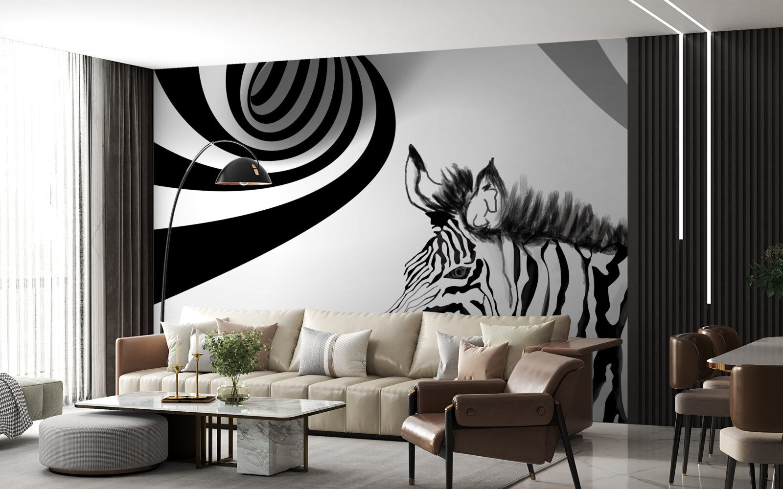 Fotobehang zwart-witte zebra in wachtende staat