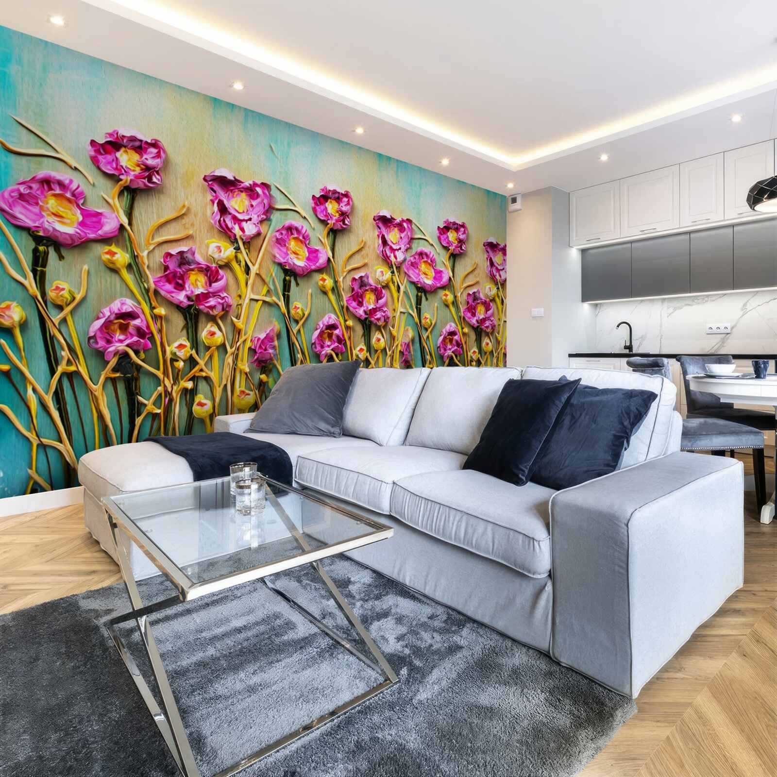 Fotobehang abstracte bloemen geschilderd in olieverf