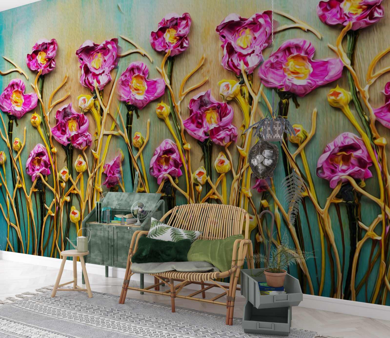 Fotobehang abstracte bloemen geschilderd in olieverf