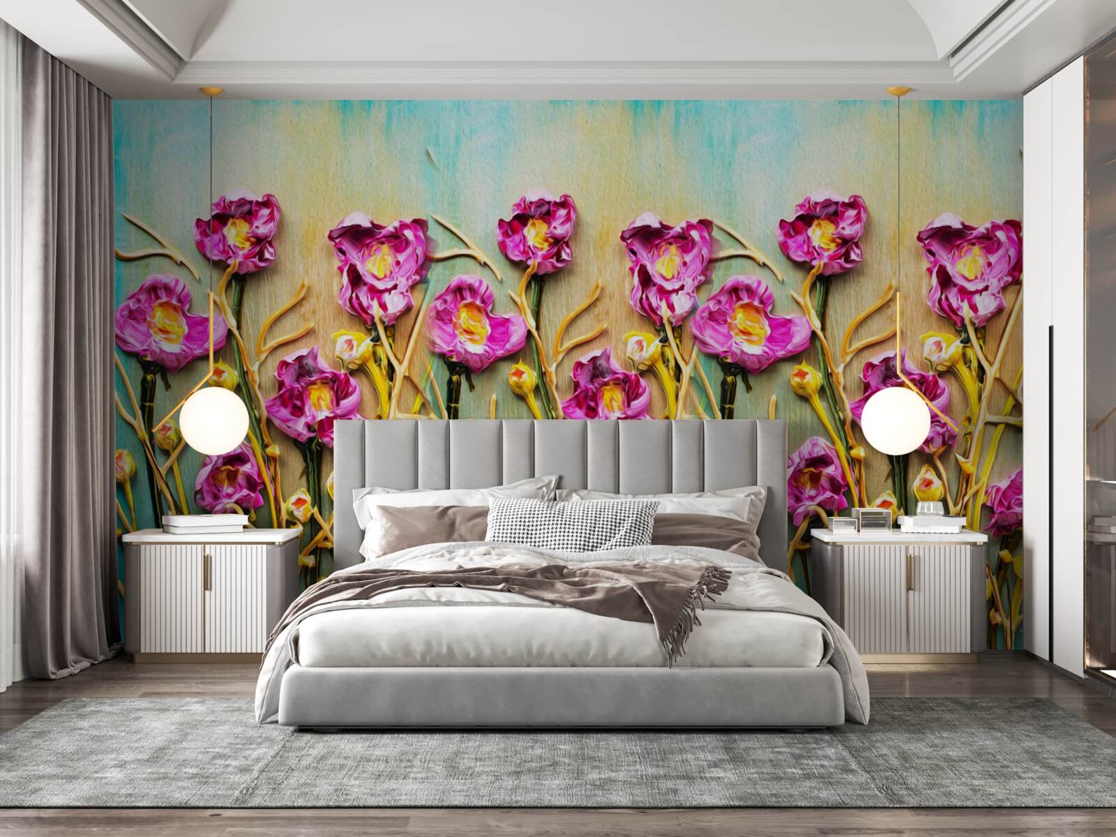 Fotobehang abstracte bloemen geschilderd in olieverf