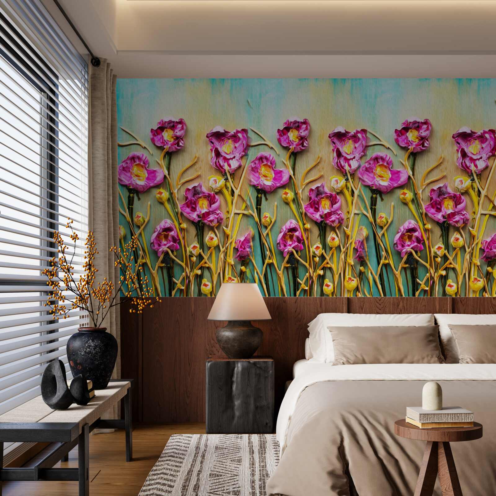 Fotobehang abstracte bloemen geschilderd in olieverf