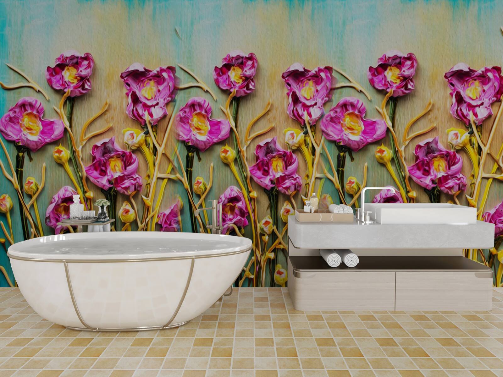 Fotobehang abstracte bloemen geschilderd in olieverf