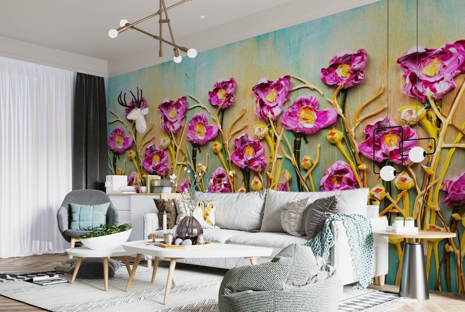 Fotobehang abstracte bloemen geschilderd in olieverf