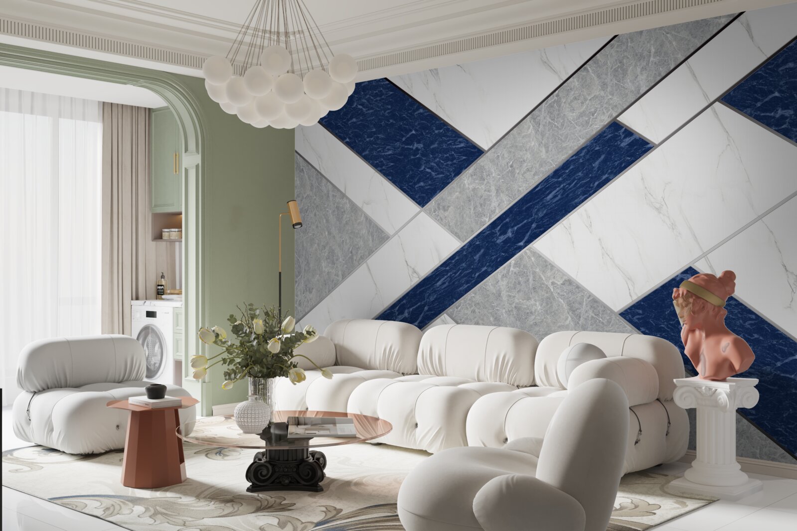 Fotobehang op doel voor de blauw-grijze strepen