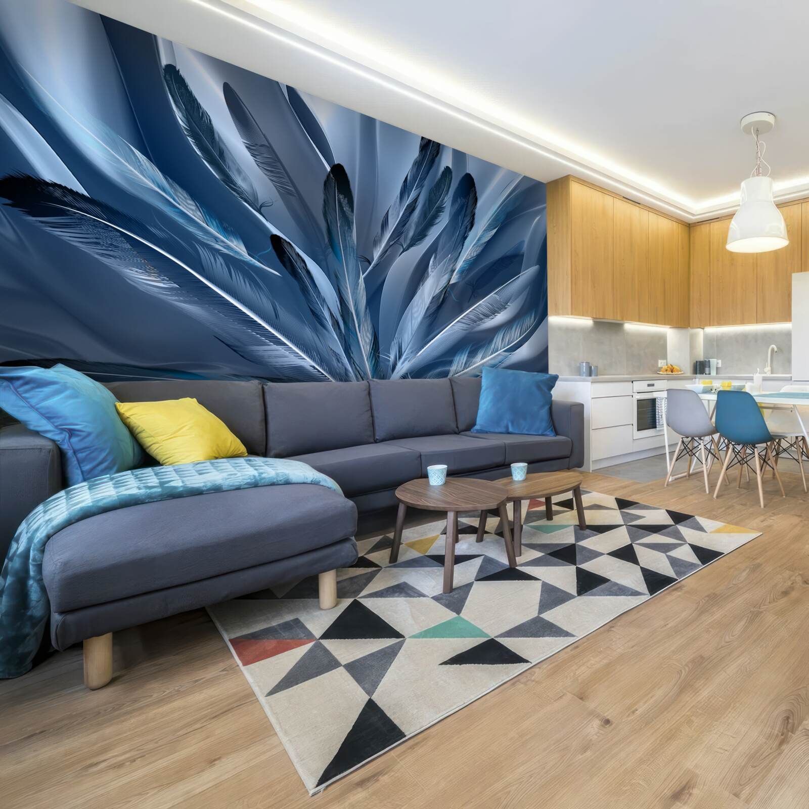 Fotobehang achtergrond bezaaid met blauwe veren