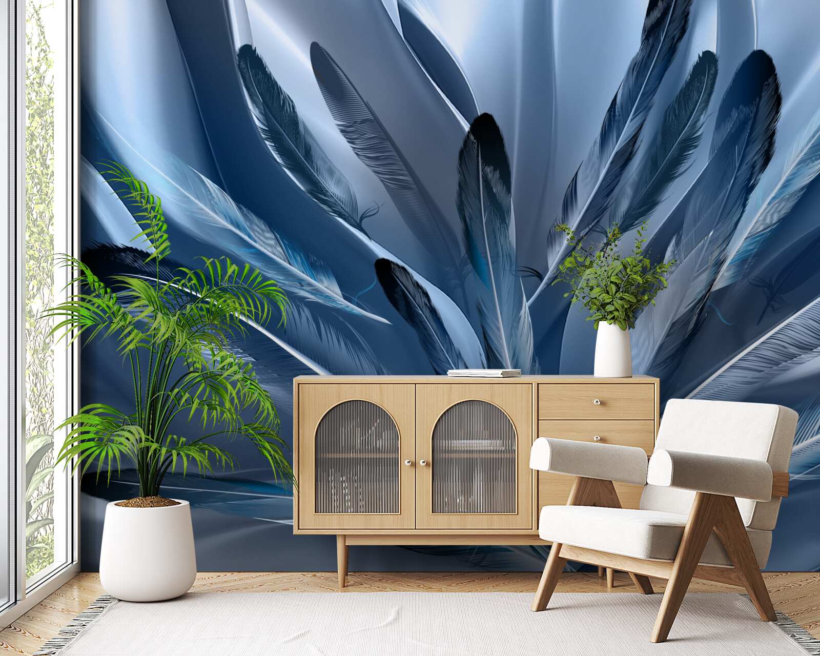 Fotobehang achtergrond bezaaid met blauwe veren