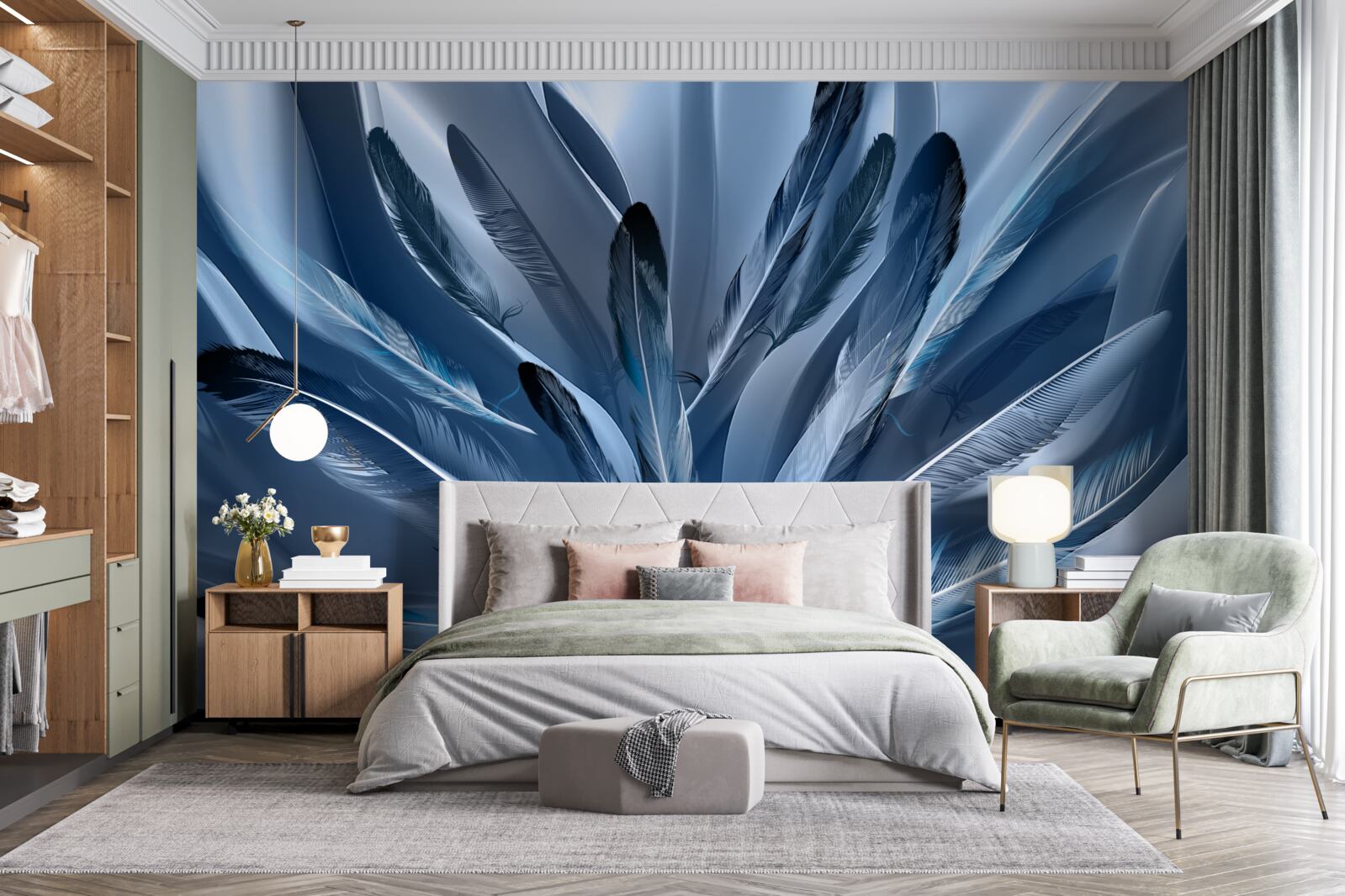 Fotobehang achtergrond bezaaid met blauwe veren