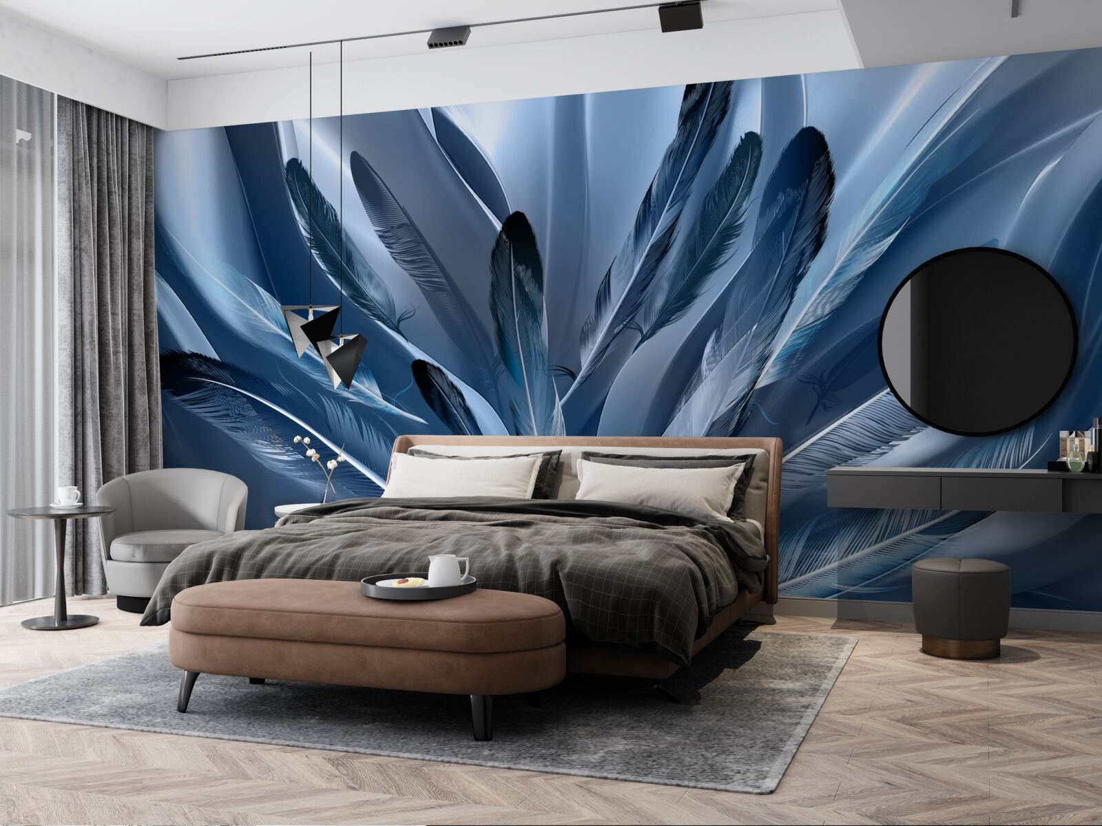 Fotobehang achtergrond bezaaid met blauwe veren