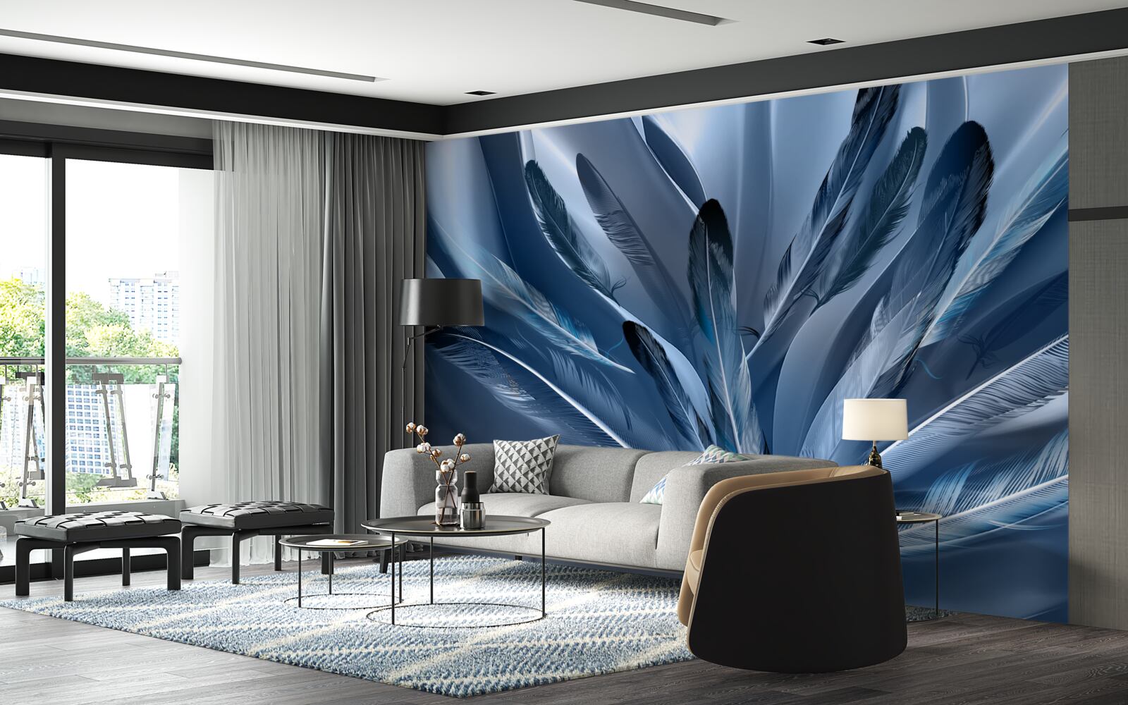 Fotobehang achtergrond bezaaid met blauwe veren