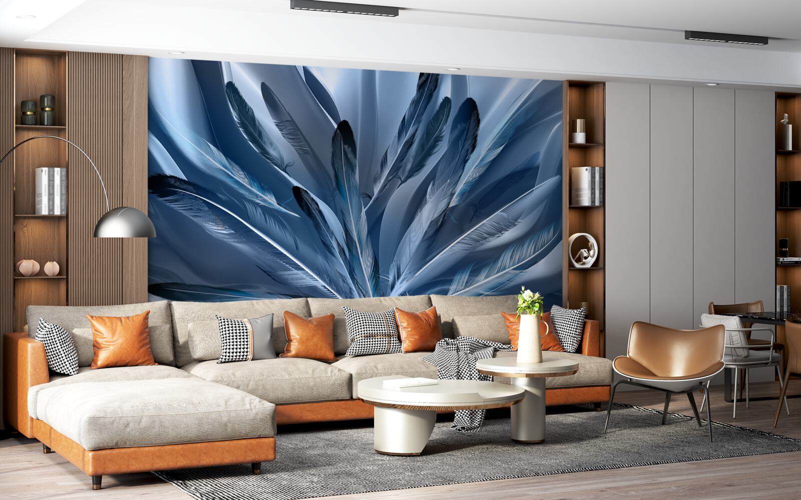 Fotobehang achtergrond bezaaid met blauwe veren