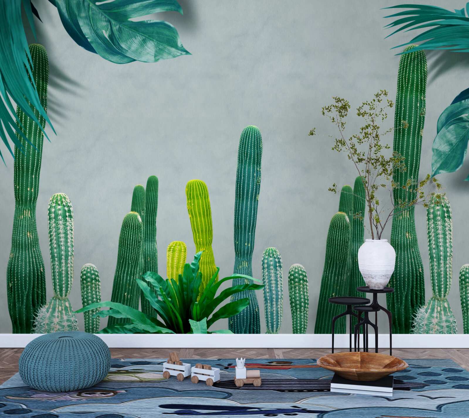 Fotobehang tropische palmen zijn versierd met groene cactussen