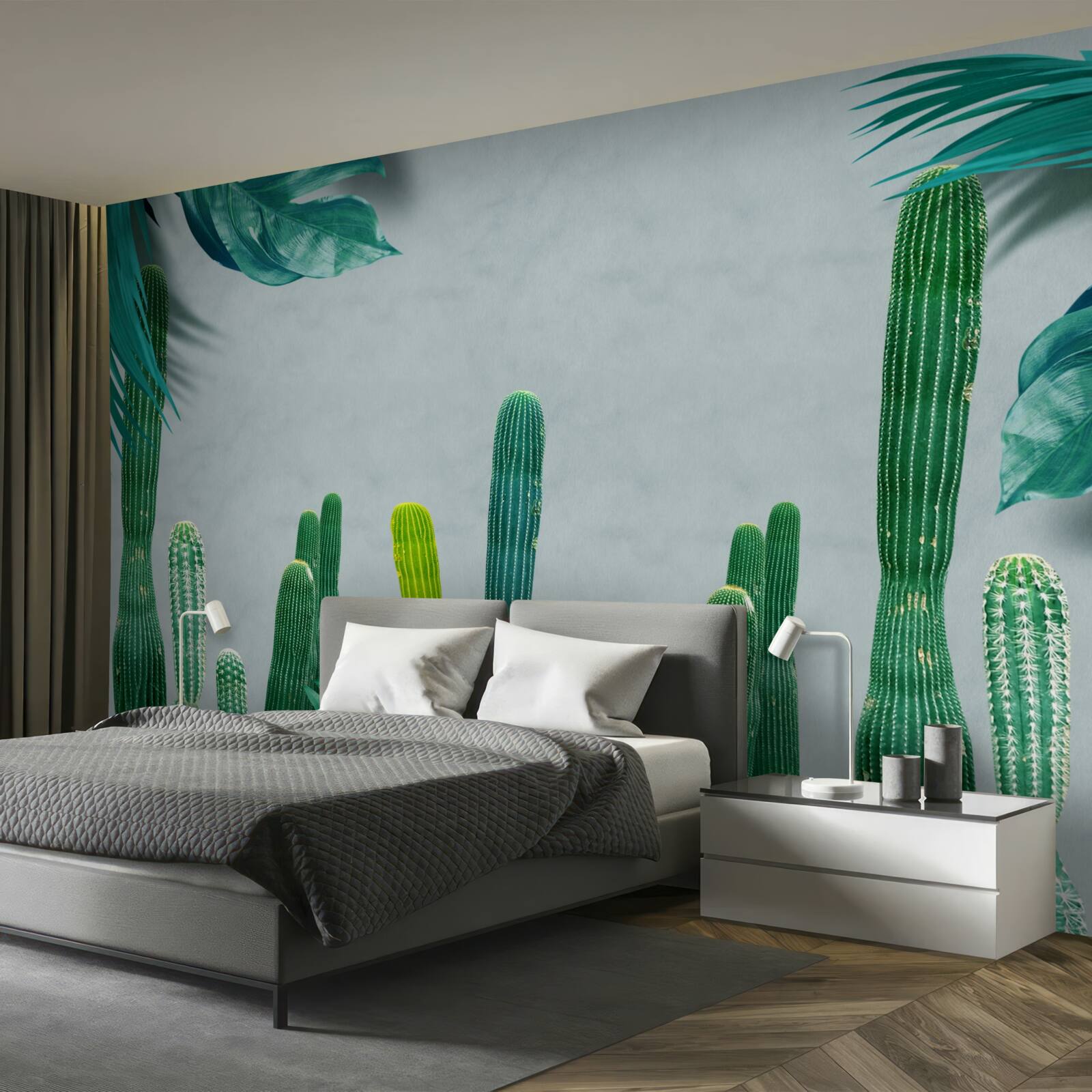 Fotobehang tropische palmen zijn versierd met groene cactussen