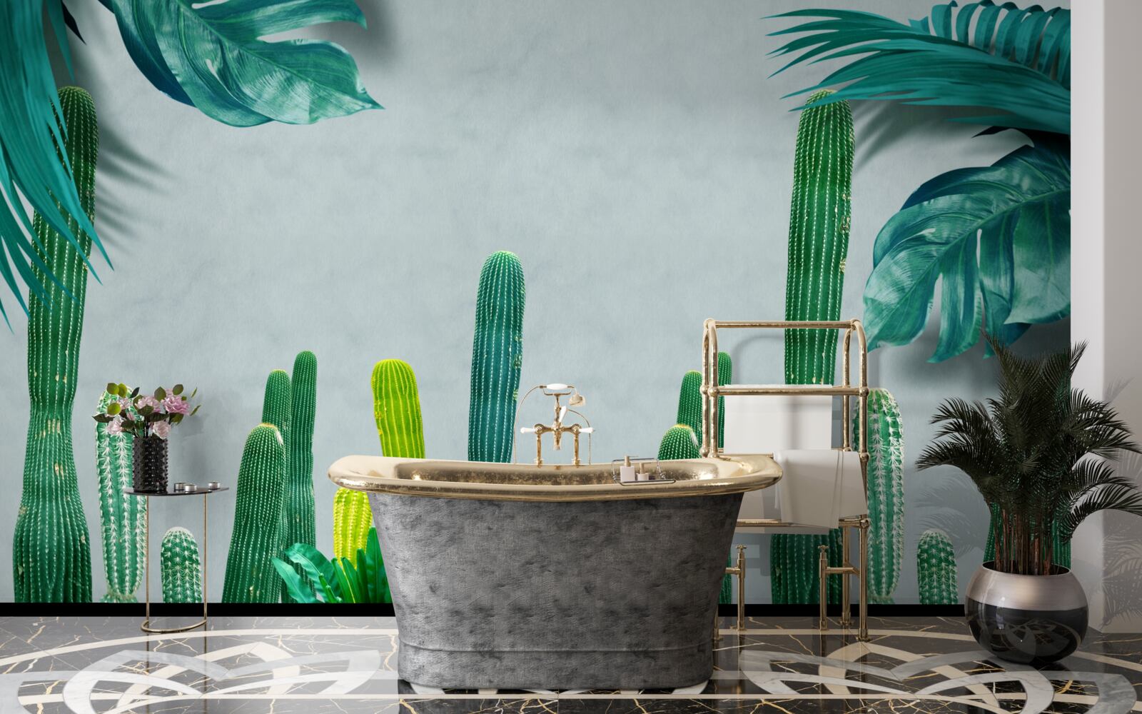 Fotobehang tropische palmen zijn versierd met groene cactussen