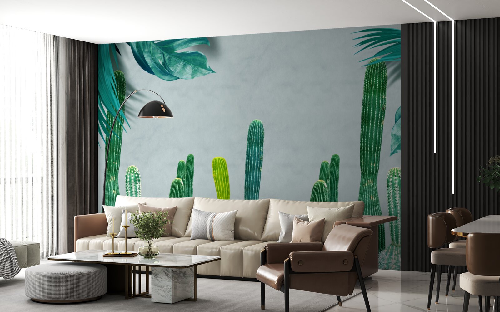 Fotobehang tropische palmen zijn versierd met groene cactussen