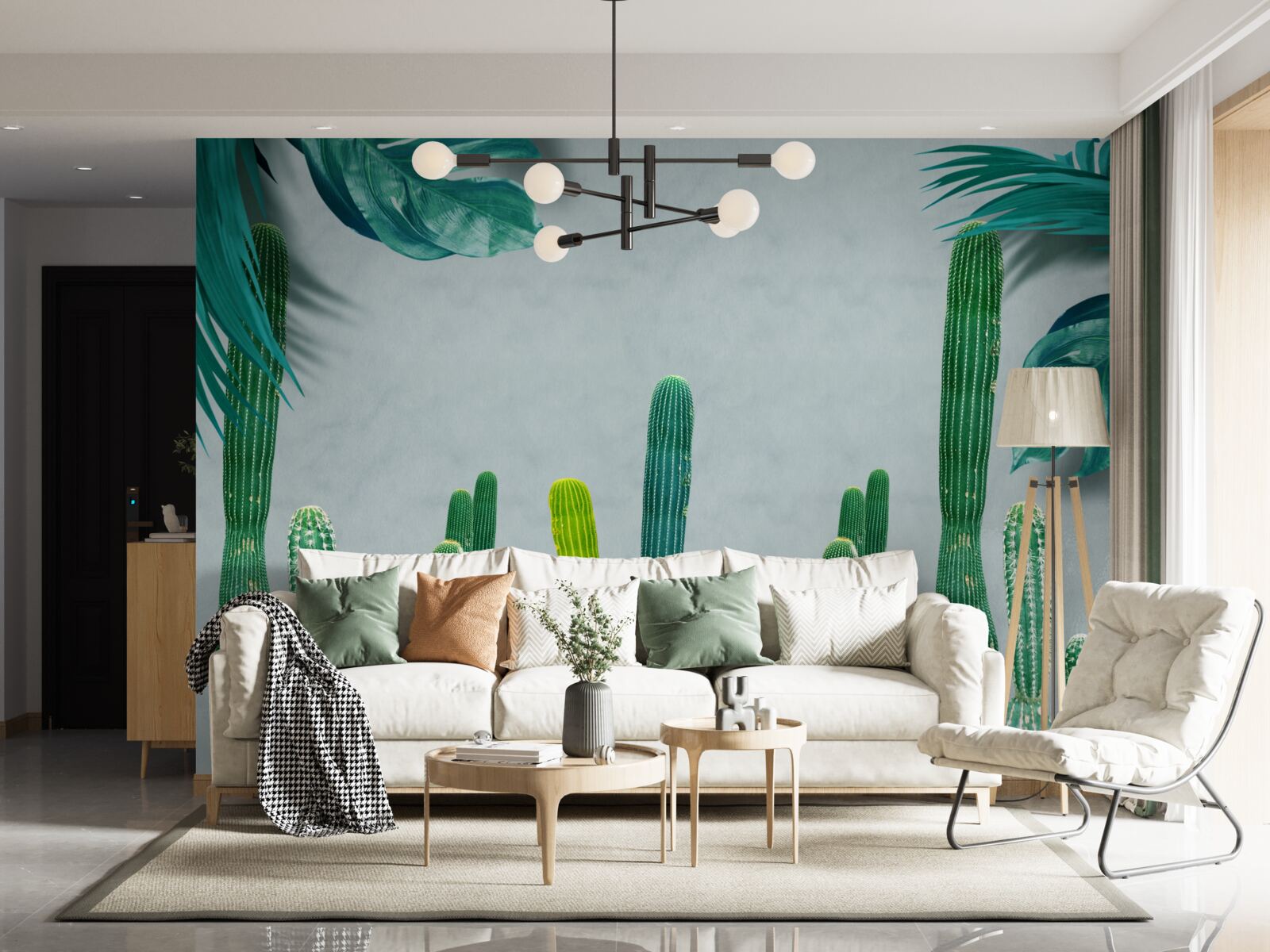 Fotobehang tropische palmen zijn versierd met groene cactussen