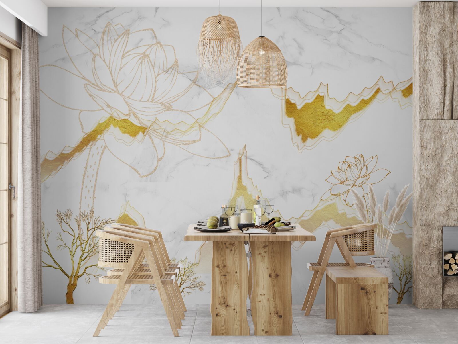 Fotobehang contouren van planten en bomen op een scharlakenrode achtergrond