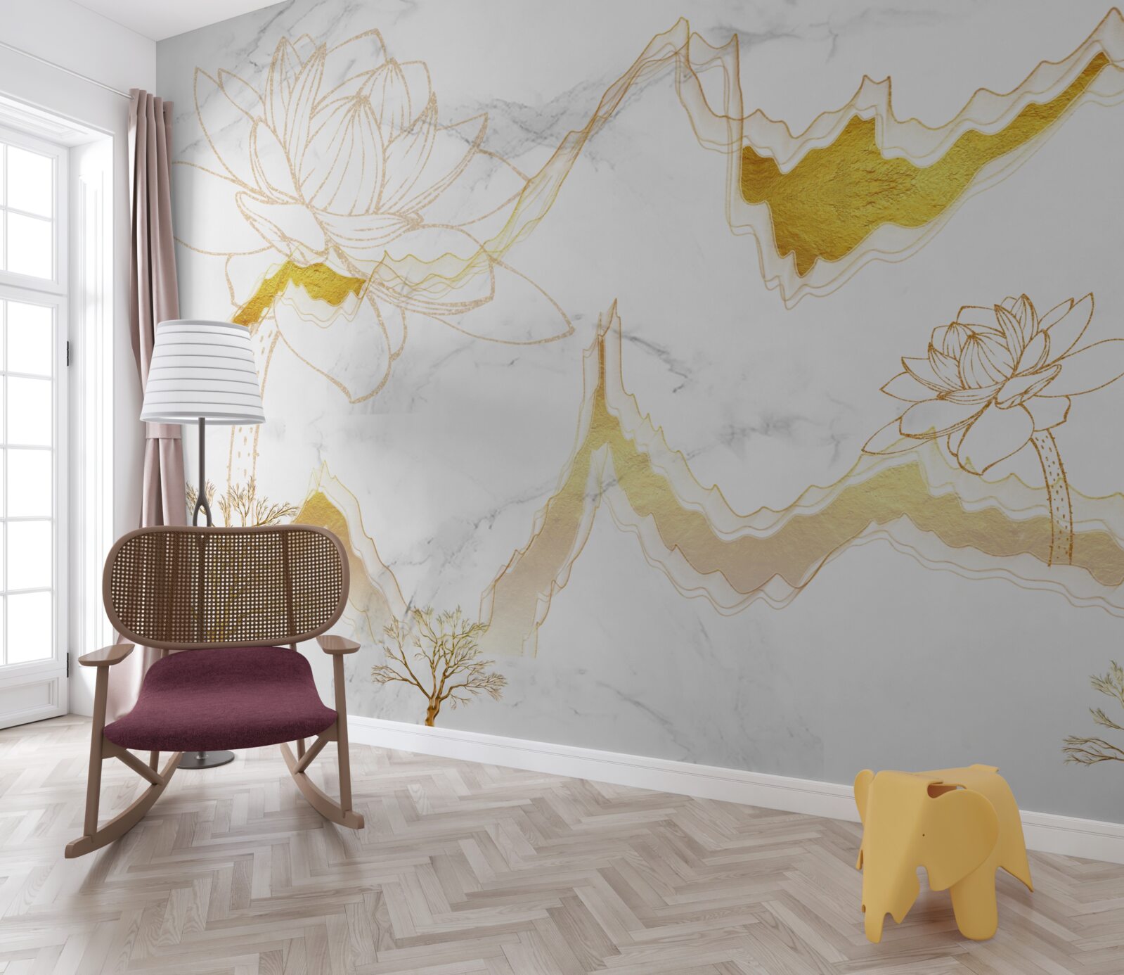 Fotobehang contouren van planten en bomen op een scharlakenrode achtergrond