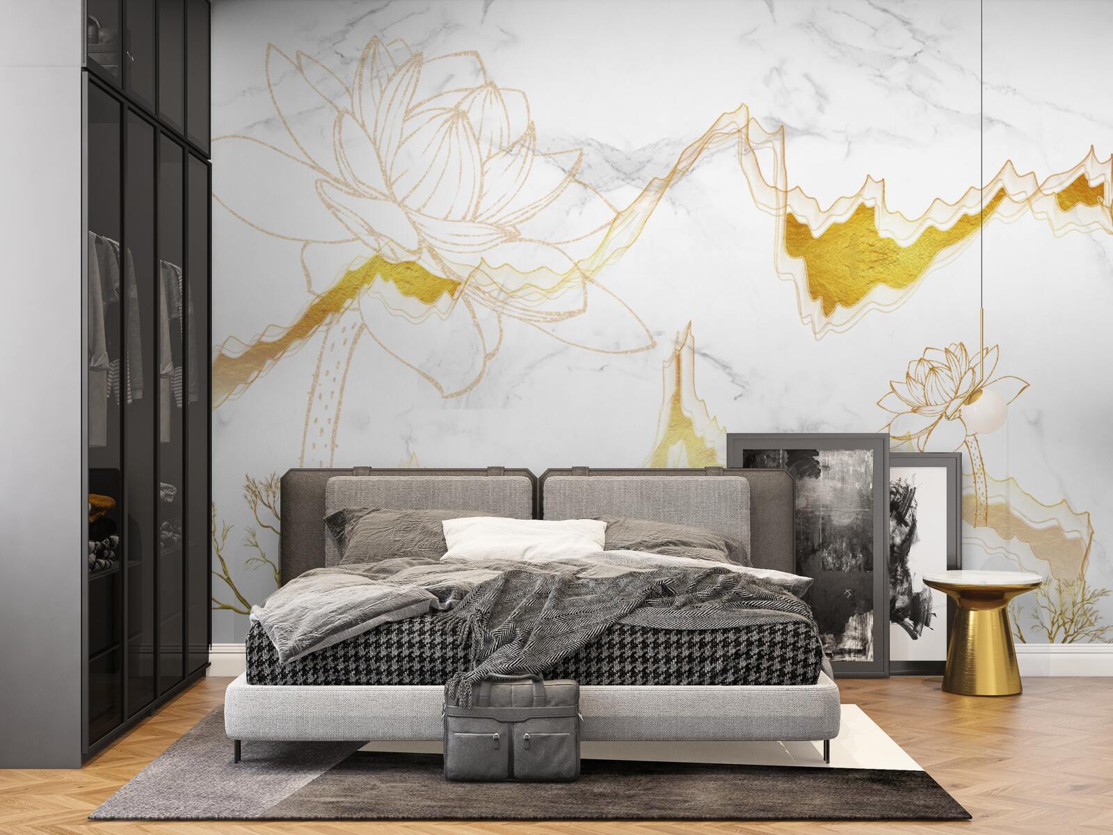 Fotobehang contouren van planten en bomen op een scharlakenrode achtergrond