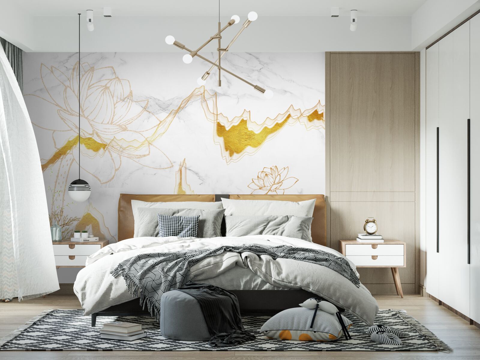 Fotobehang contouren van planten en bomen op een scharlakenrode achtergrond