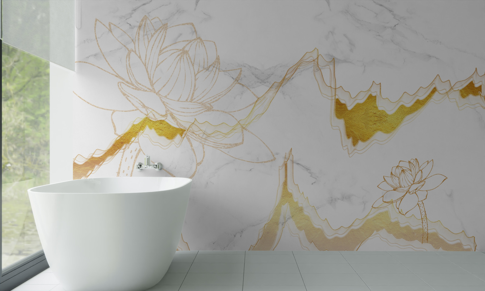 Fotobehang contouren van planten en bomen op een scharlakenrode achtergrond