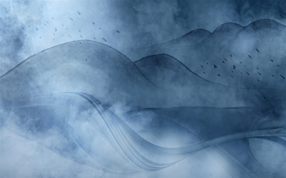 Fotobehang bergen gehuld in mist, achter een sluier van zee