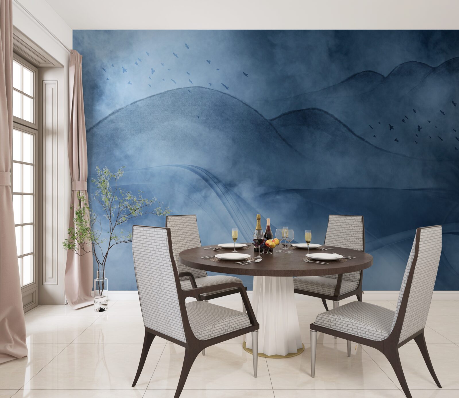 Fotobehang bergen gehuld in mist, achter een sluier van zee