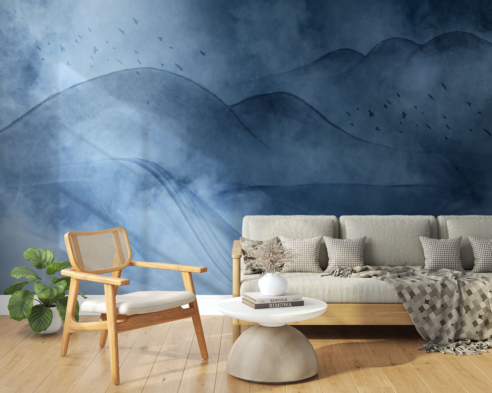 Fotobehang bergen gehuld in mist, achter een sluier van zee