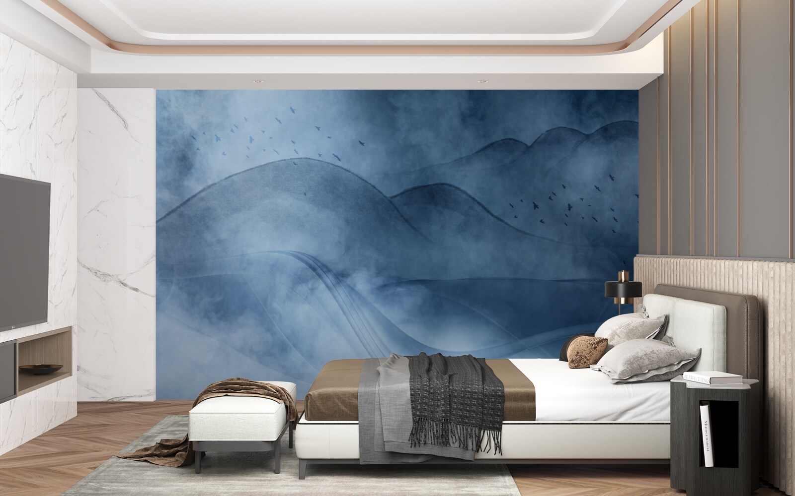 Fotobehang bergen gehuld in mist, achter een sluier van zee