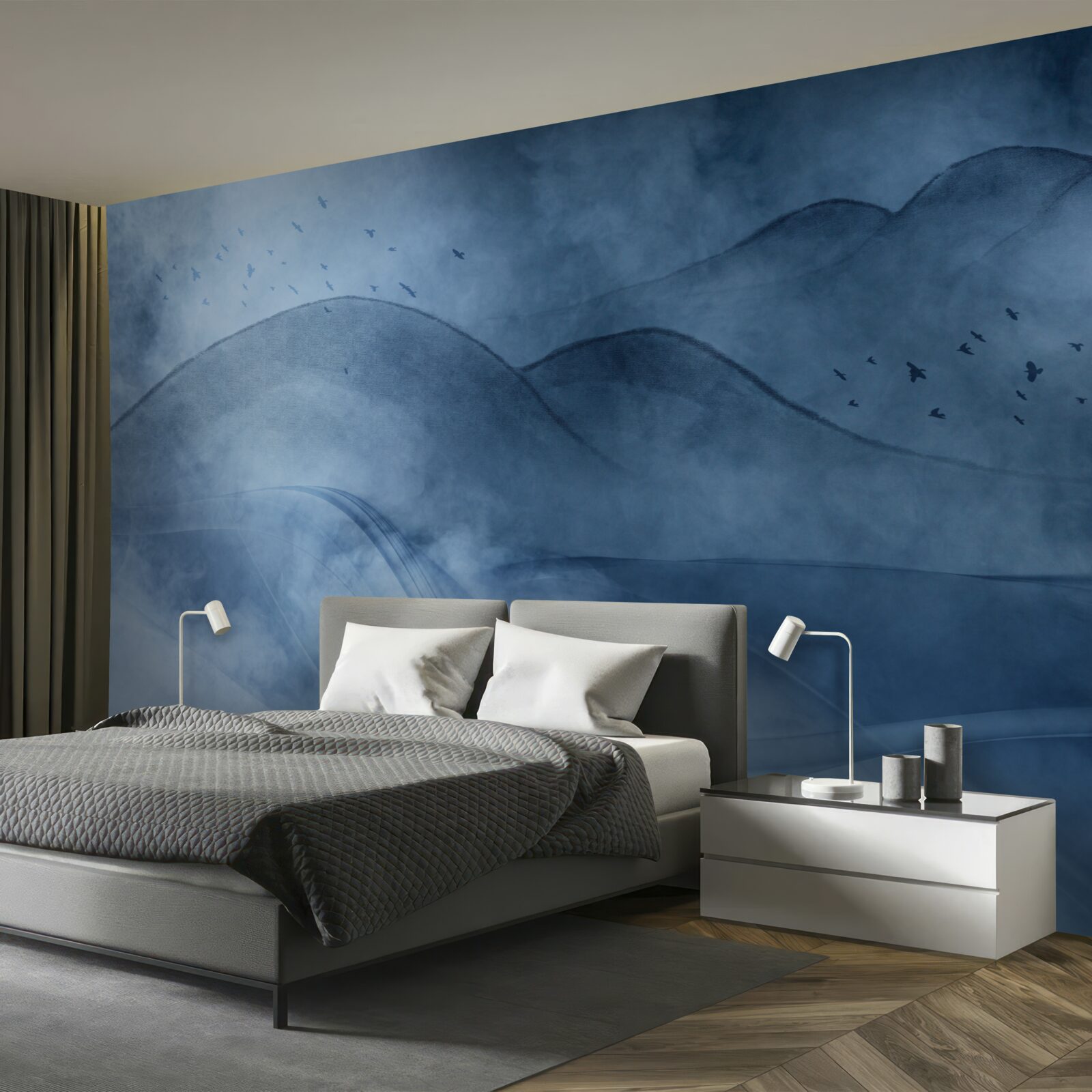 Fotobehang bergen gehuld in mist, achter een sluier van zee