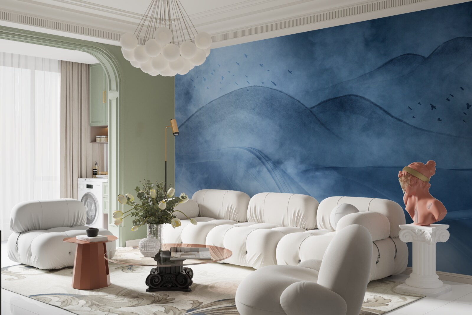 Fotobehang bergen gehuld in mist, achter een sluier van zee