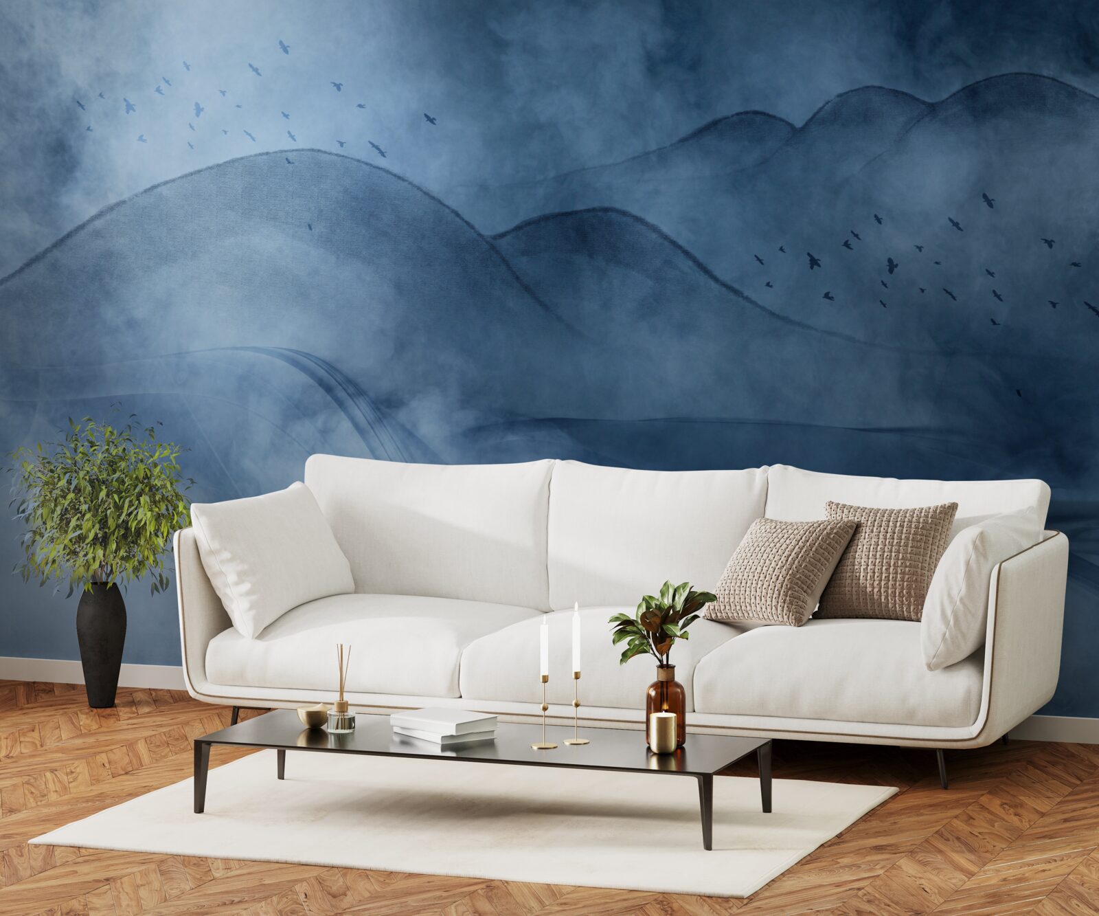 Fotobehang bergen gehuld in mist, achter een sluier van zee