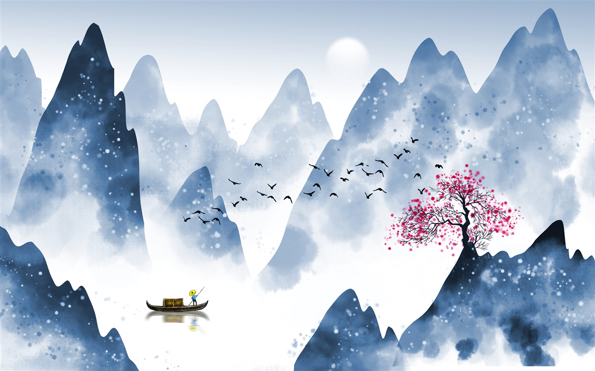 Fotobehang een visser keert terug over een bergmeer