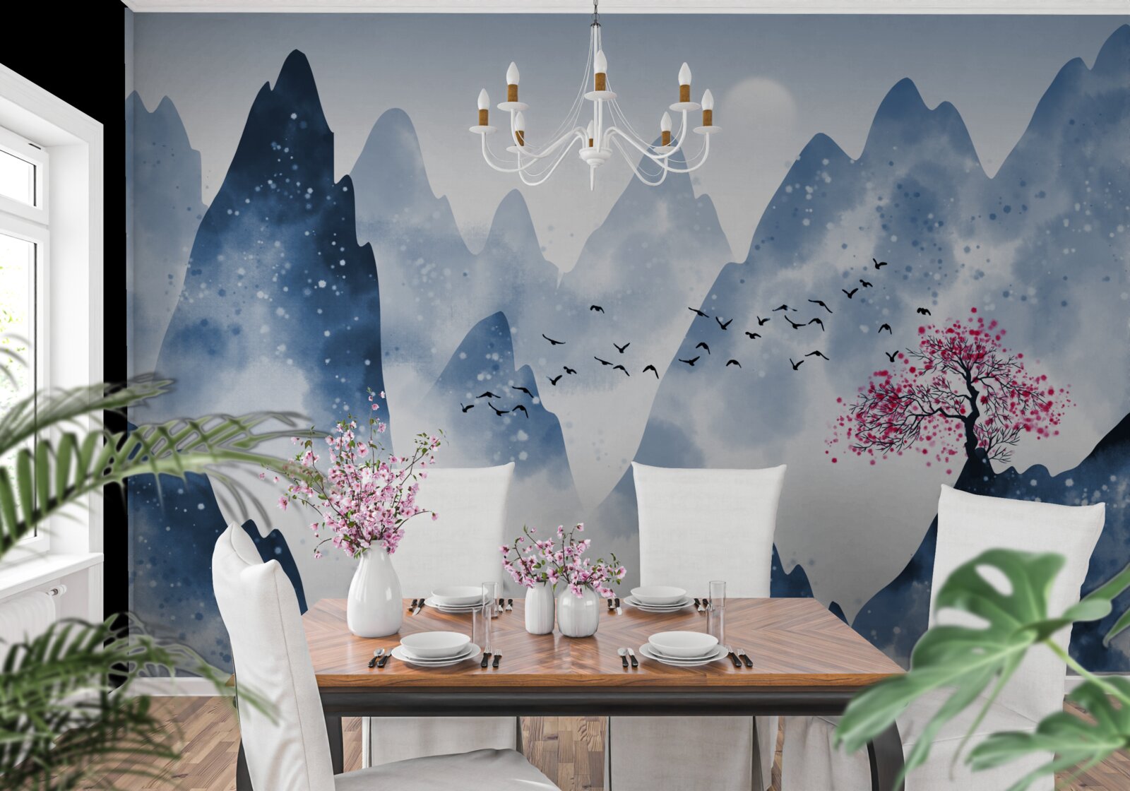 Fotobehang een visser keert terug over een bergmeer