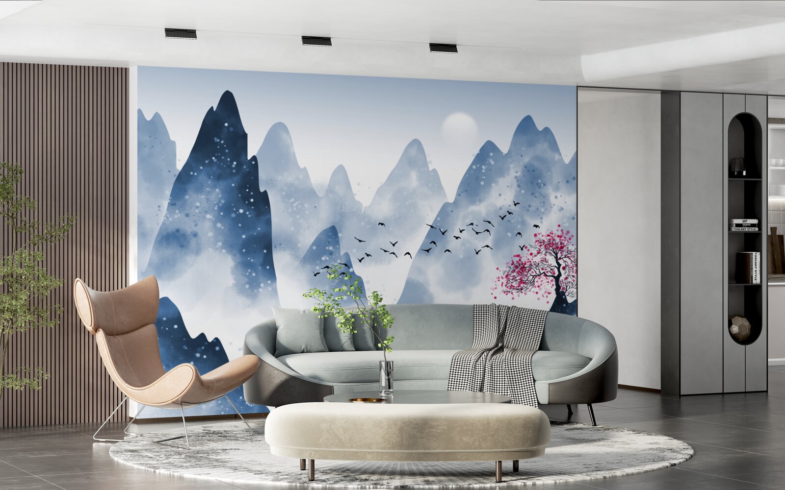 Fotobehang een visser keert terug over een bergmeer