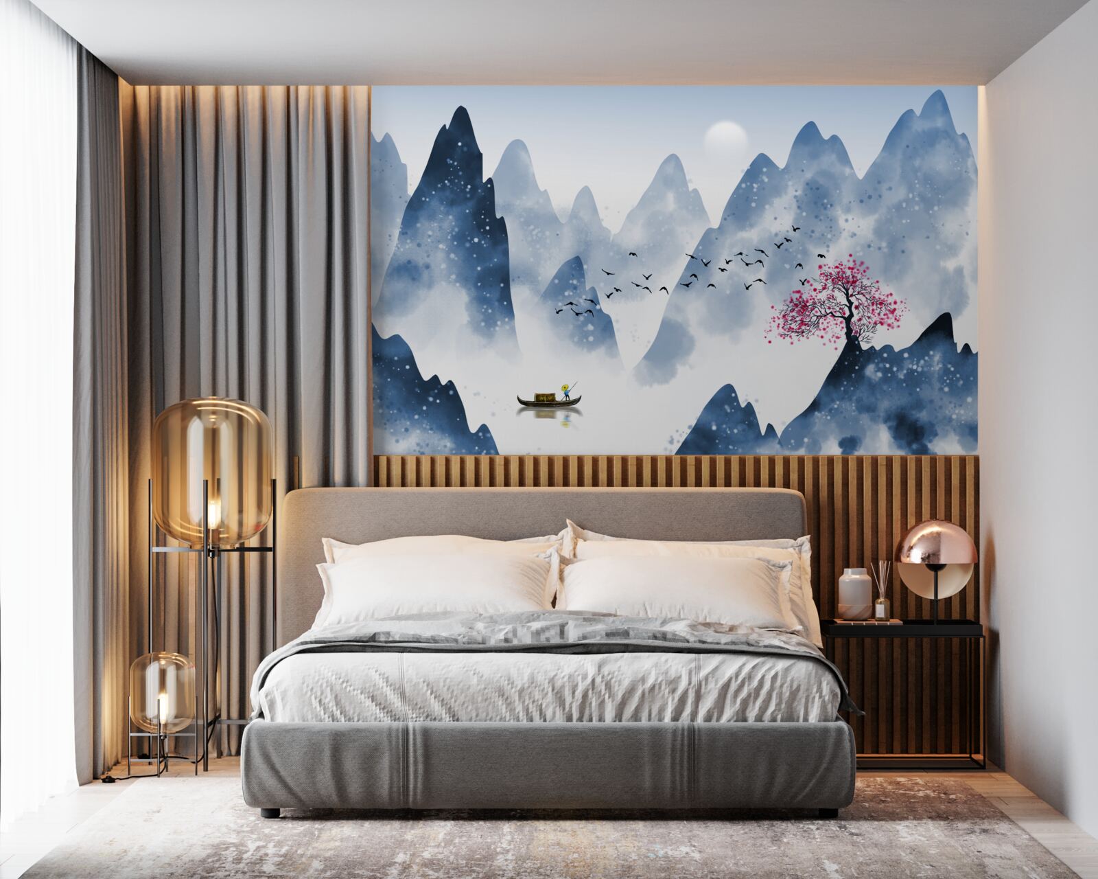 Fotobehang een visser keert terug over een bergmeer