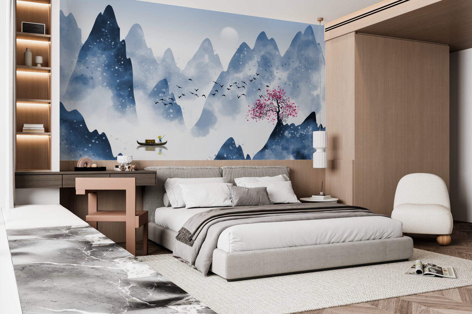 Fotobehang een visser keert terug over een bergmeer