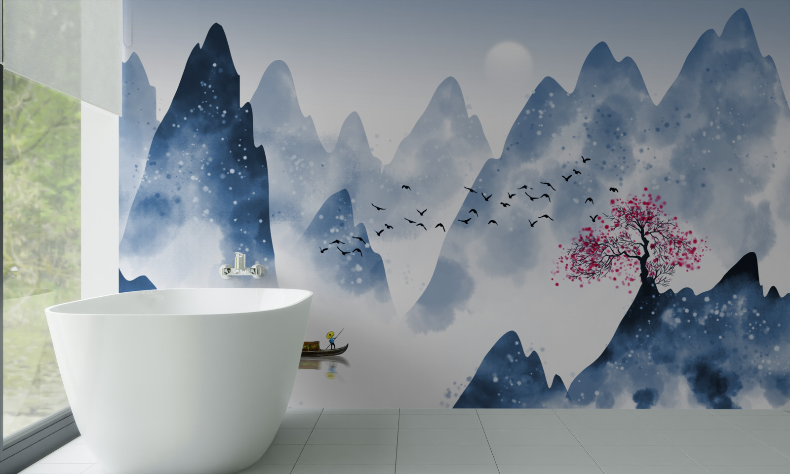 Fotobehang een visser keert terug over een bergmeer