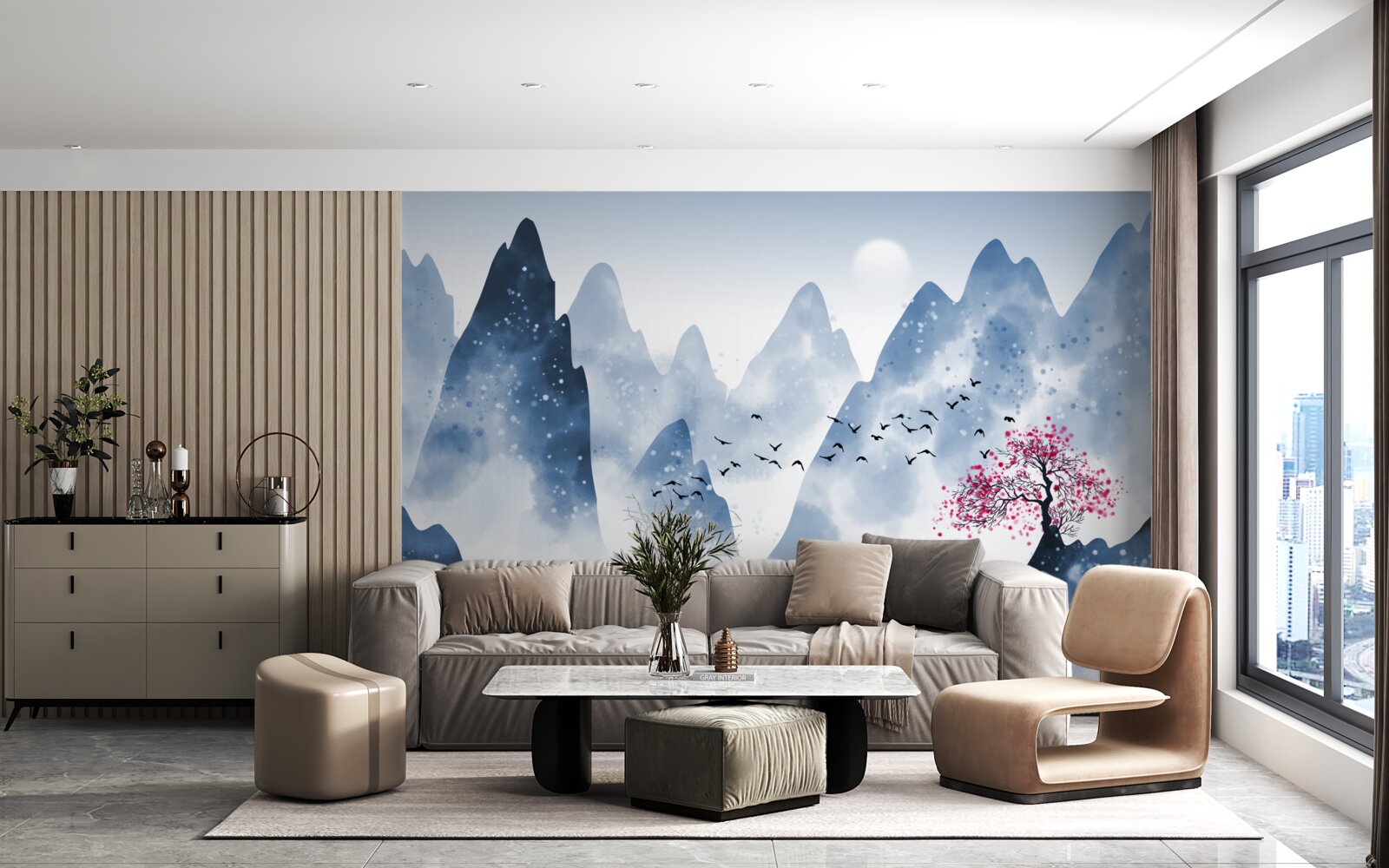 Fotobehang een visser keert terug over een bergmeer