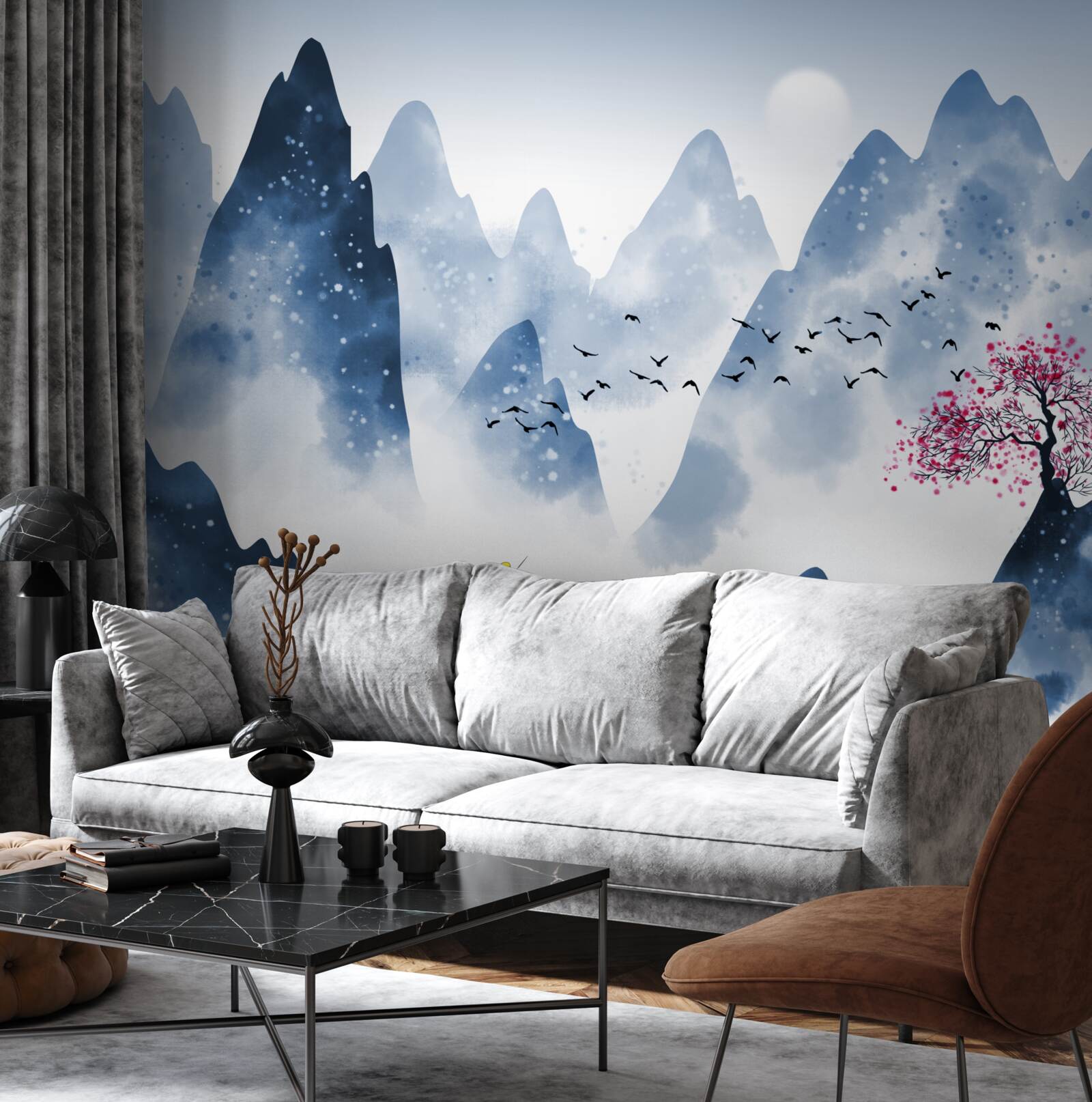 Fotobehang een visser keert terug over een bergmeer