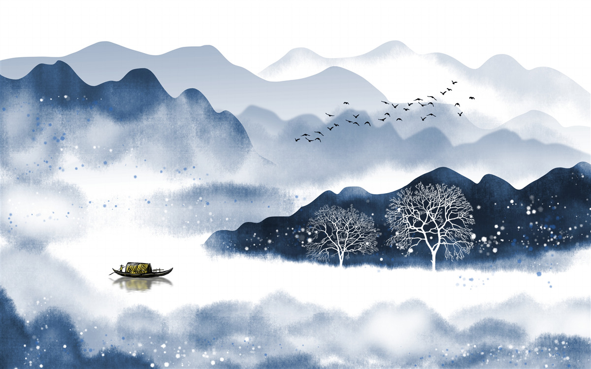 Fotobehang een visser zwemt langzaam langs een stil bergmeer