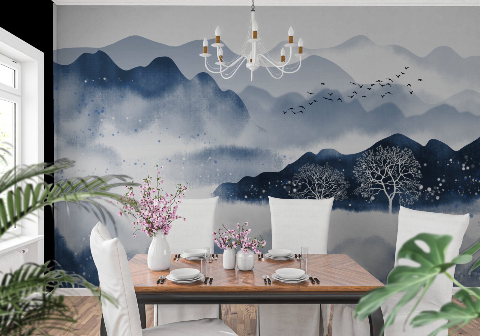 Fotobehang een visser zwemt langzaam langs een stil bergmeer