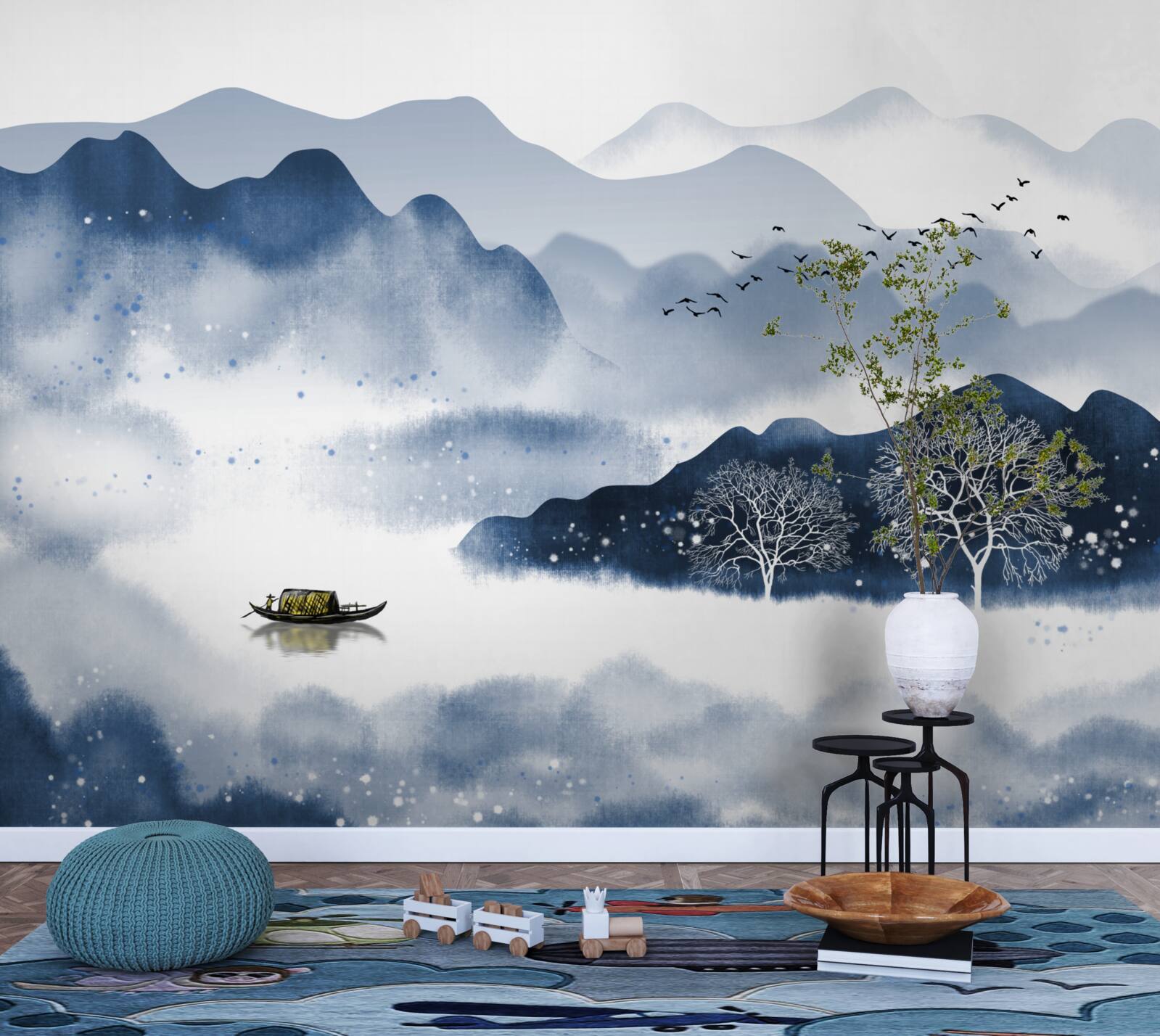 Fotobehang een visser zwemt langzaam langs een stil bergmeer